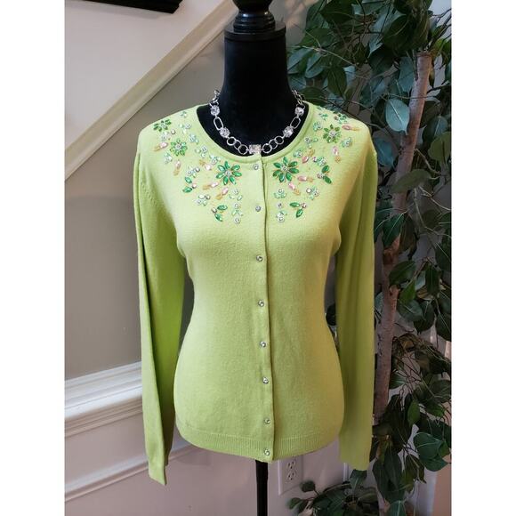 George Cardigan Sweater Womens XL Green Bejeweled Knitted Long Sleeve Button-Up - Picture 1 of 14